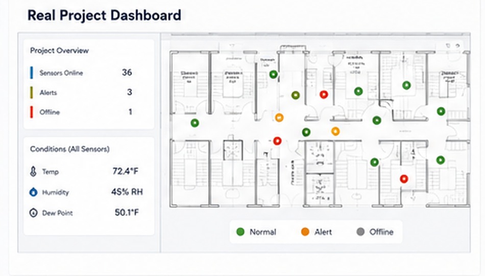 FinishSure project dashboard with sensor status and floor-plan locations